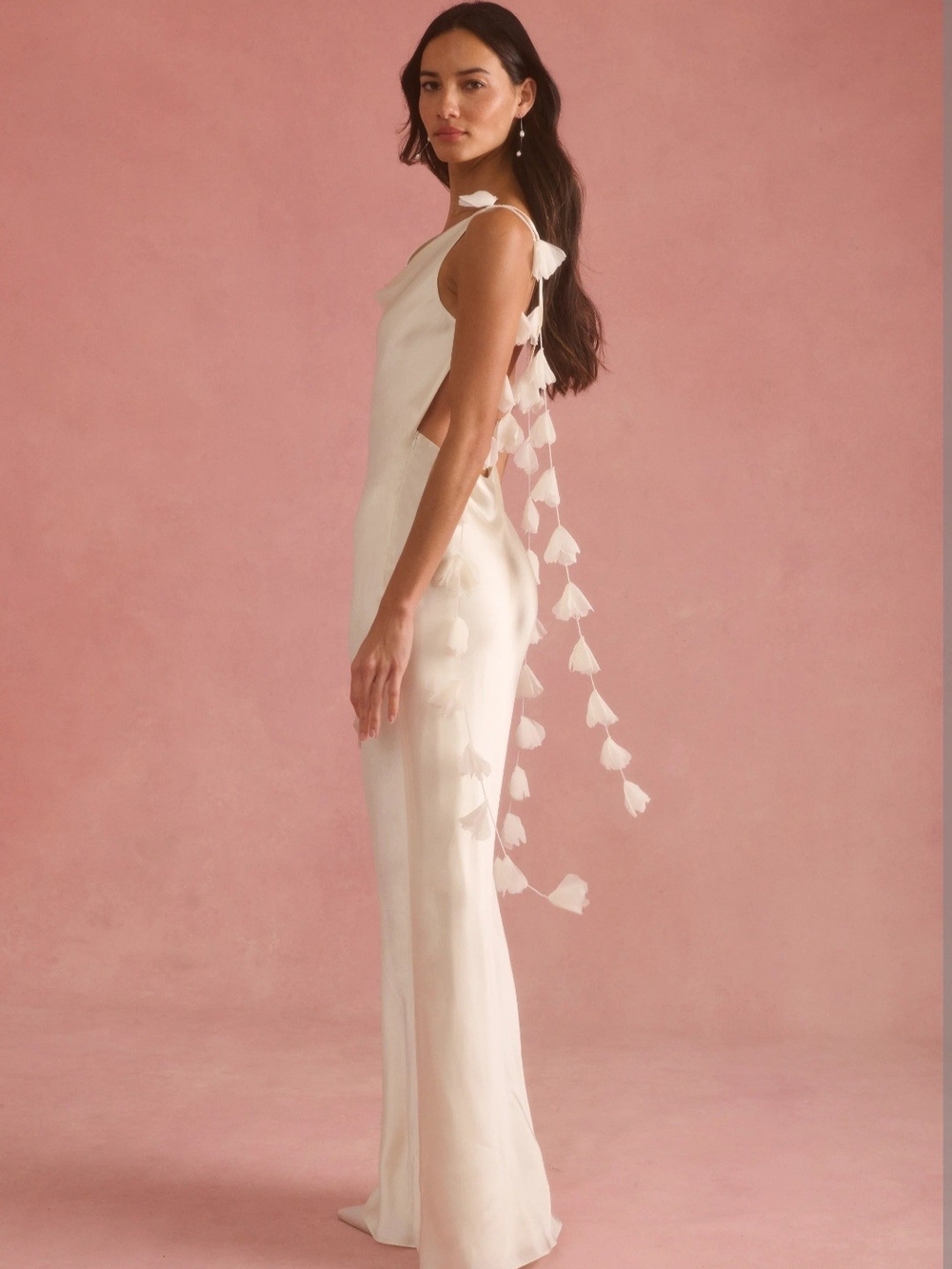 Backless Ivory Tassel-Trim Satin Maxi Dress